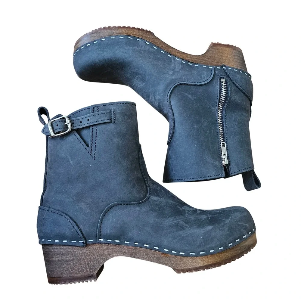 Sandgrens Clog Boots Women 39 Black Nubuck Leather‎ Good Wooden Heel Zip Ankle
